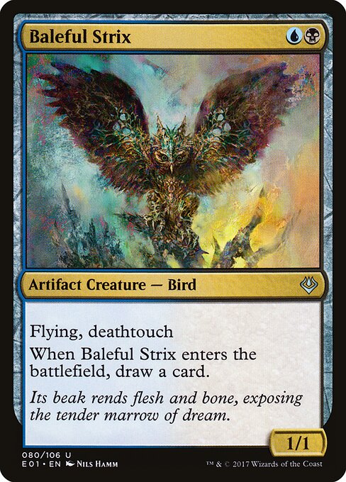 Baleful Strix — Archenemy: Nicol Bolas #80, art by Nils Hamm