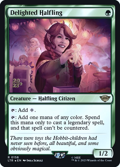 Delighted Halfling — Tales of Middle-earth Promos #158s, art by Inka Schulz