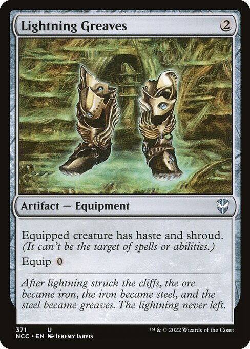 Lightning Greaves — New Capenna Commander #371, art by Jeremy Jarvis