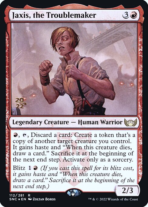 Jaxis, the Troublemaker — Streets of New Capenna Promos #112s, art by Zoltan Boros