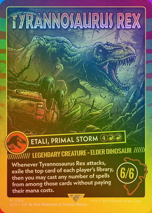 Etali, Primal Storm — Tyrannosaurus Rex — Secret Lair Drop #1389★, art by Dan Mumford & Thomas Roach