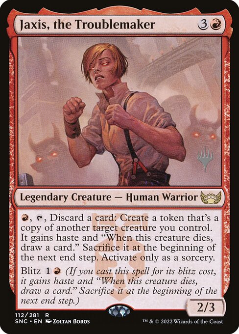 Jaxis, the Troublemaker — Streets of New Capenna Promos #112p, art by Zoltan Boros