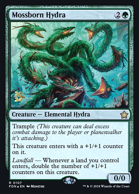 Mossborn Hydra — Foundations Promos #107s, art by Monztre