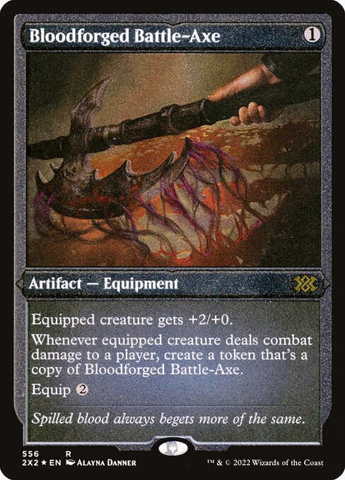 Bloodforged Battle-Axe — Double Masters 2022 #556, art by Alayna Danner
