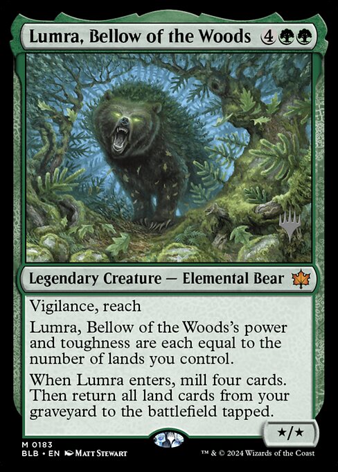 Lumra, Bellow of the Woods — Bloomburrow Promos #183p, art by Matt Stewart