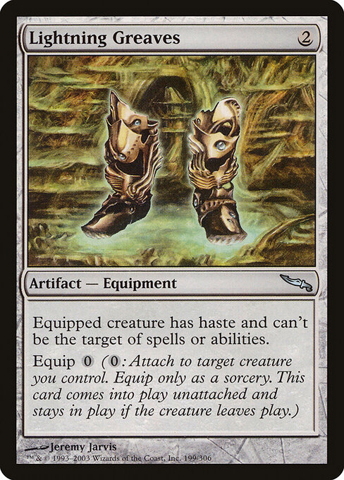 Lightning Greaves — Mirrodin #199, art by Jeremy Jarvis
