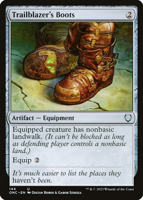 Trailblazer's Boots — Phyrexia: All Will Be One Commander #144, art by Zoltan Boros & Gabor Szikszai