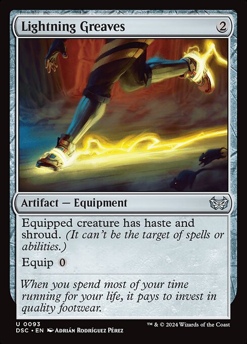 Lightning Greaves — Duskmourn: House of Horror Commander #93, art by Adrián Rodríguez Pérez