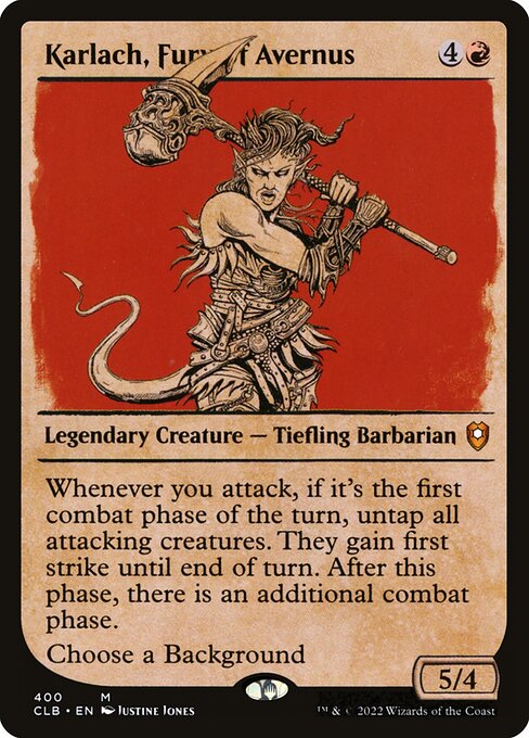 Karlach, Fury of Avernus — Commander Legends: Battle for Baldur's Gate #400, art by Justine Jones