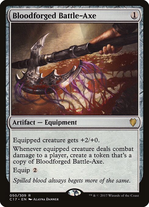 Bloodforged Battle-Axe — Commander 2017 #50, art by Alayna Danner