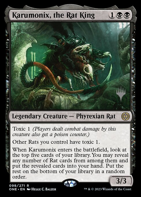 Karumonix, the Rat King — Phyrexia: All Will Be One Promos #98p, art by Helge C. Balzer