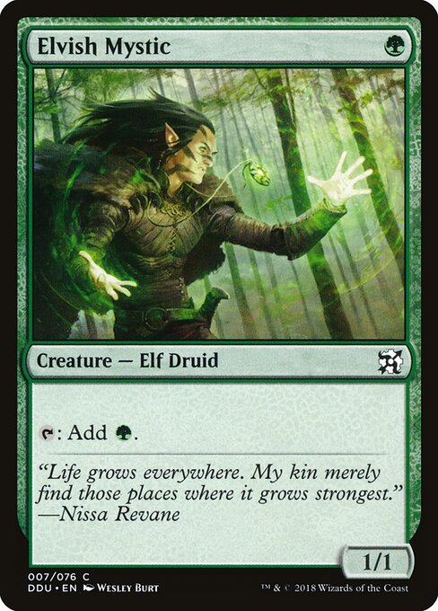 Elvish Mystic — Duel Decks: Elves vs. Inventors #7, art by Wesley Burt