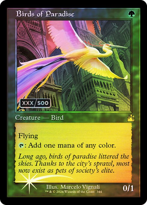 Birds of Paradise — Ravnica Remastered #344z, art by Marcelo Vignali