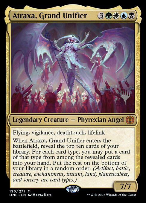 Atraxa, Grand Unifier — Phyrexia: All Will Be One Promos #196p, art by Marta Nael
