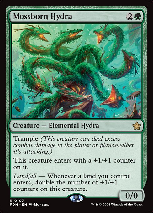 Mossborn Hydra — Foundations Promos #107p, art by Monztre