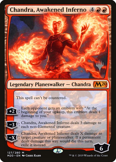 Chandra, Awakened Inferno — Core Set 2020 Promos #127p, art by Chris Rahn